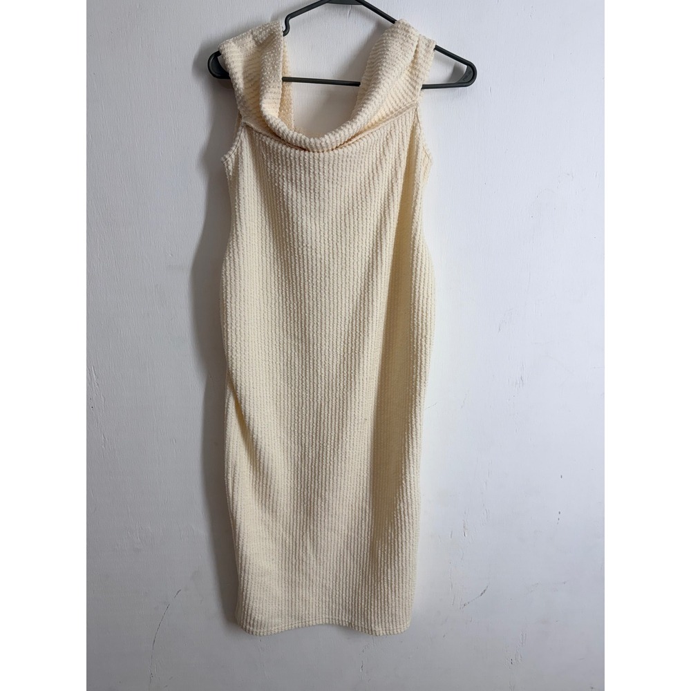 Shein Cream Popcorn Knit Cowl Neck Midi Dress Sleeveless Bodycon Off White. 6